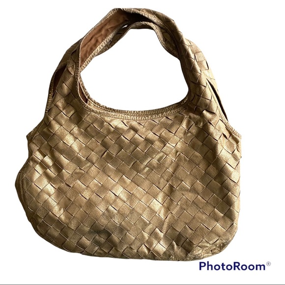 Vintage Y2K Metallic Gold Leather Basket Weave Hobo Style Bag Melie Bianco Purse - Picture 2 of 10
